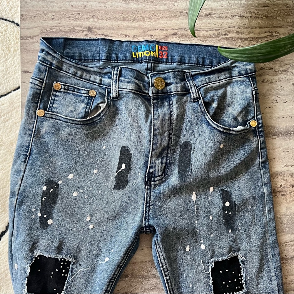 Distressed Blue Demolition Statement Jeans